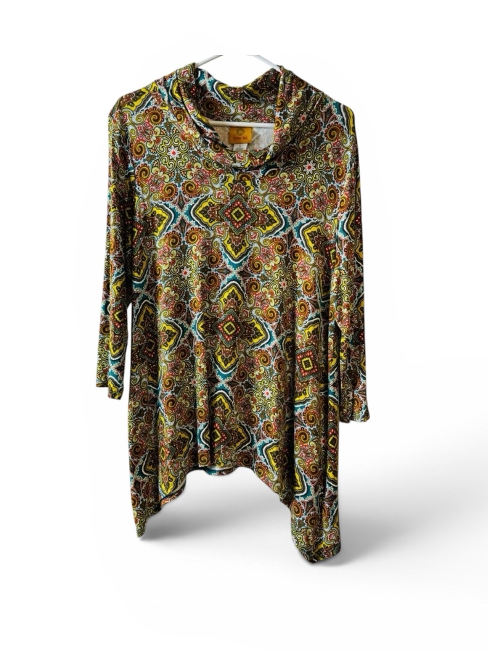 Ruby Rd. Fall Colored Paisley Asymmetrical‎ Stretch Tunic Top 3/4 Sleeves size L